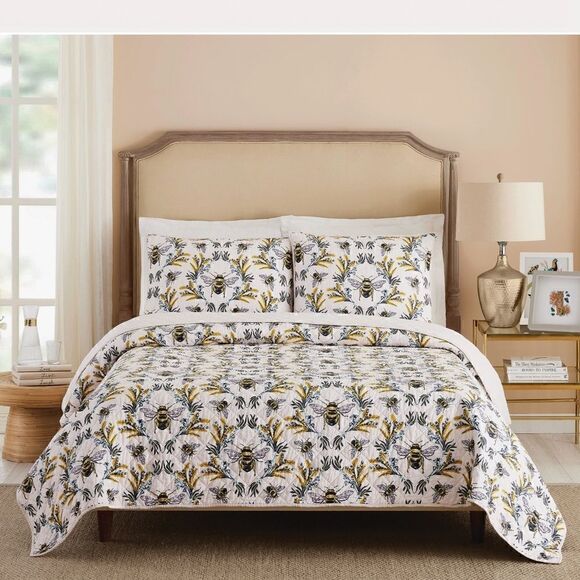 Honey Bumble Bee Cottage Core 100% Cotton Printed QUEEN Quilt Set Farmhouse Boho - Picture 2 of 4